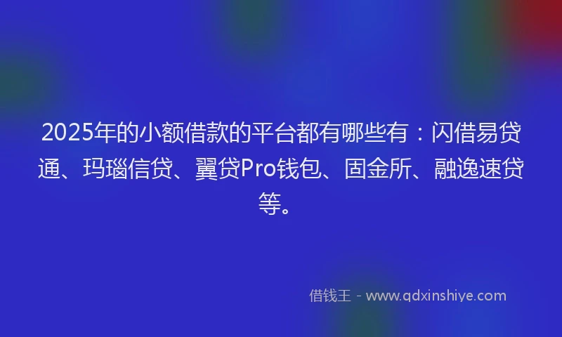2025年的小额借款的平台都有哪些有：闪借易贷通、玛瑙信贷、翼贷Pro钱包、固金所、融逸速贷等。