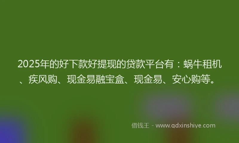 2025年的好下款好提现的贷款平台有：蜗牛租机、疾风购、现金易融宝盒、现金易、安心购等。