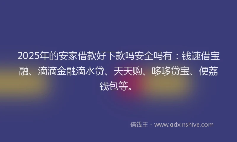 2025年的安家借款好下款吗安全吗有：钱速借宝融、滴滴金融滴水贷、天天购、哆哆贷宝、便荔钱包等。