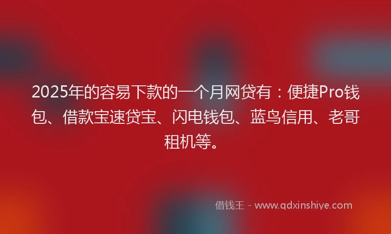 2025年的容易下款的一个月网贷有：便捷Pro钱包、借款宝速贷宝、闪电钱包、蓝鸟信用、老哥租机等。