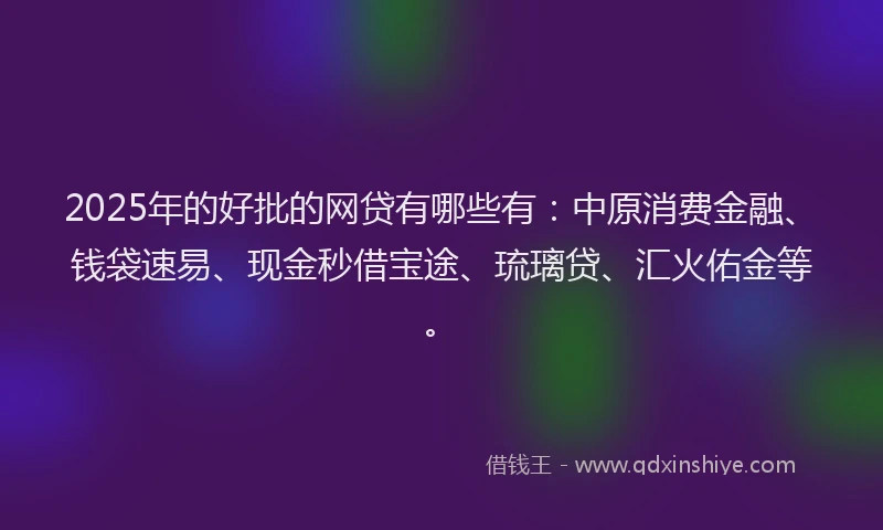 2025年的好批的网贷有哪些有：中原消费金融、钱袋速易、现金秒借宝途、琉璃贷、汇火佑金等。