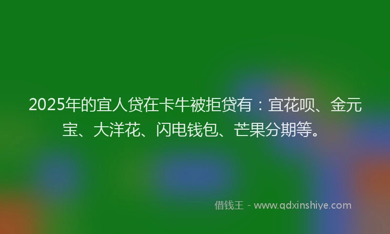 2025年的宜人贷在卡牛被拒贷有：宜花呗、金元宝、大洋花、闪电钱包、芒果分期等。