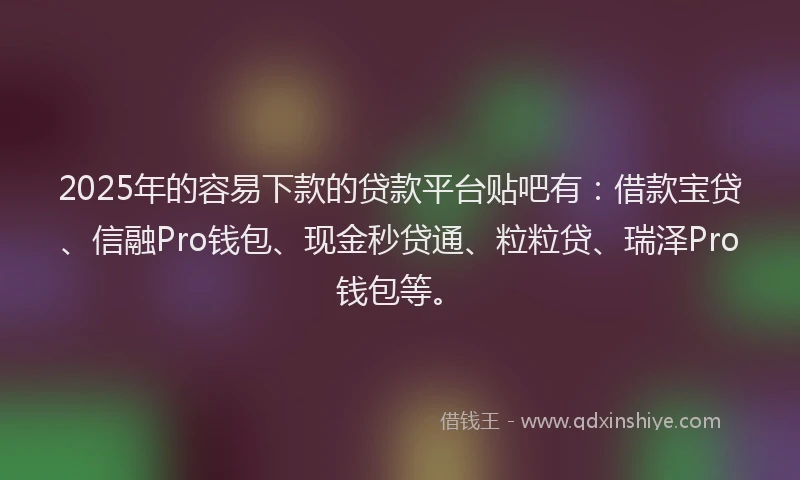 2025年的容易下款的贷款平台贴吧有：借款宝贷、信融Pro钱包、现金秒贷通、粒粒贷、瑞泽Pro钱包等。