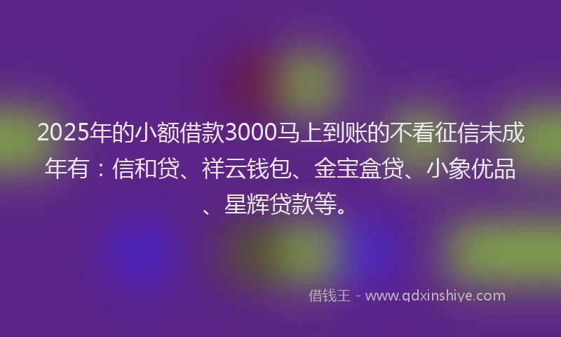 2025年的小额借款3000马上到账的不看征信未成年有：信和贷、祥云钱包、金宝盒贷、小象优品、星辉贷款等。