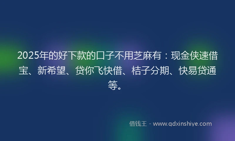 2025年的好下款的口子不用芝麻有：现金侠速借宝、新希望、贷你飞快借、桔子分期、快易贷通等。
