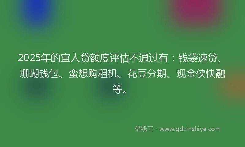 2025年的宜人贷额度评估不通过有：钱袋速贷、珊瑚钱包、蛮想购租机、花豆分期、现金侠快融等。