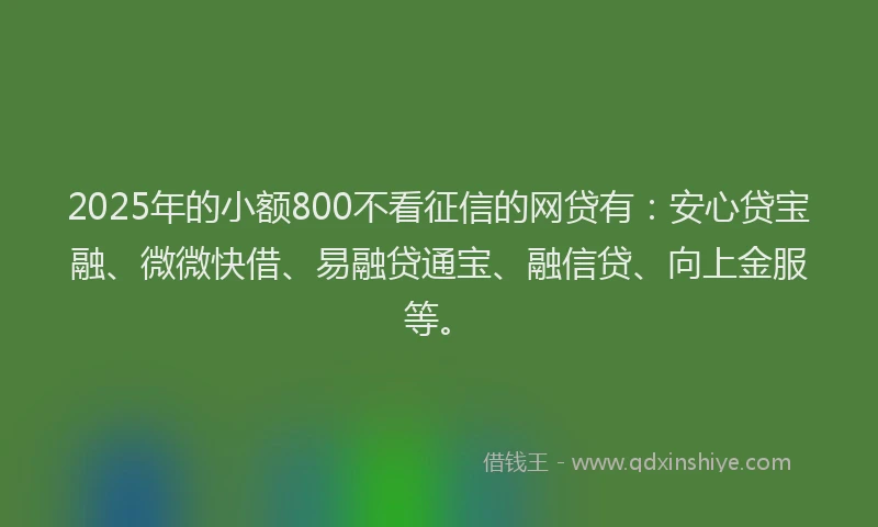 2025年的小额800不看征信的网贷有：安心贷宝融、微微快借、易融贷通宝、融信贷、向上金服等。