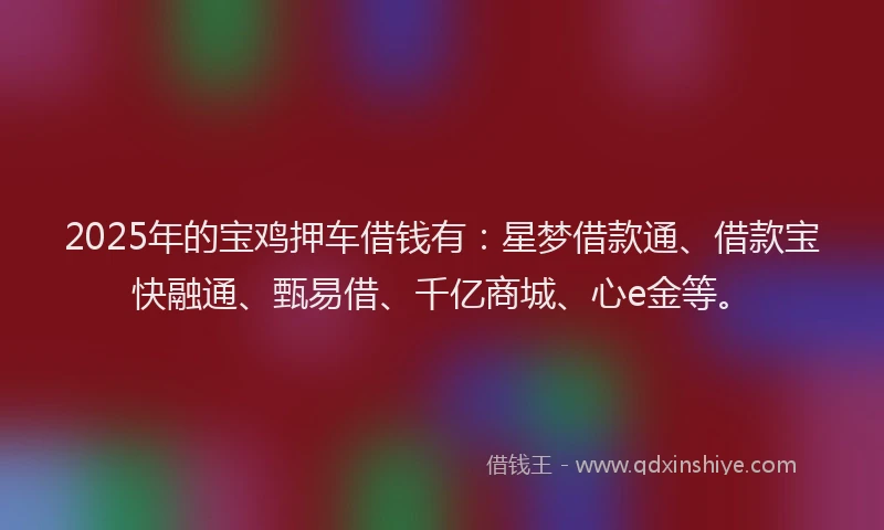 2025年的宝鸡押车借钱有：星梦借款通、借款宝快融通、甄易借、千亿商城、心e金等。