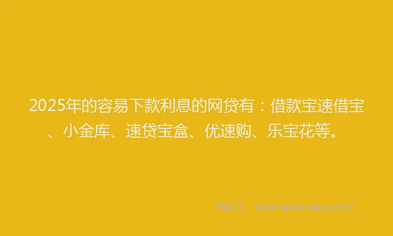 2025年的容易下款利息的网贷有：借款宝速借宝、小金库、速贷宝盒、优速购、乐宝花等。