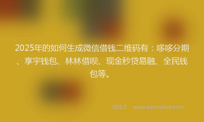 2025年的如何生成微信借钱二维码有：哆哆分期、享宇钱包、林林借呗、现金秒贷易融、全民钱包等。