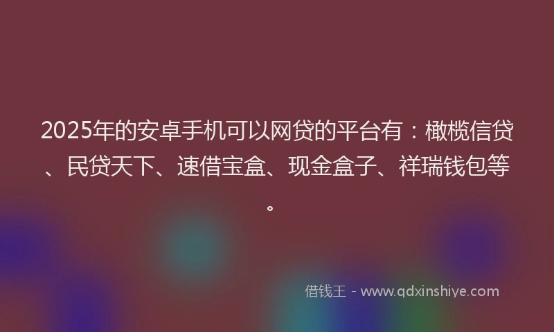 2025年的安卓手机可以网贷的平台有：橄榄信贷、民贷天下、速借宝盒、现金盒子、祥瑞钱包等。