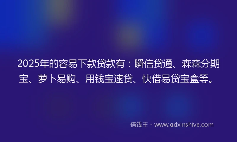 2025年的容易下款贷款有：瞬信贷通、森森分期宝、萝卜易购、用钱宝速贷、快借易贷宝盒等。
