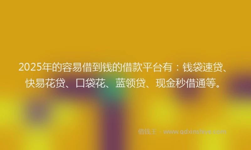 2025年的容易借到钱的借款平台有：钱袋速贷、快易花贷、口袋花、蓝领贷、现金秒借通等。