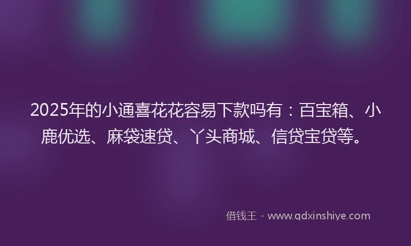 2025年的小通喜花花容易下款吗有：百宝箱、小鹿优选、麻袋速贷、丫头商城、信贷宝贷等。