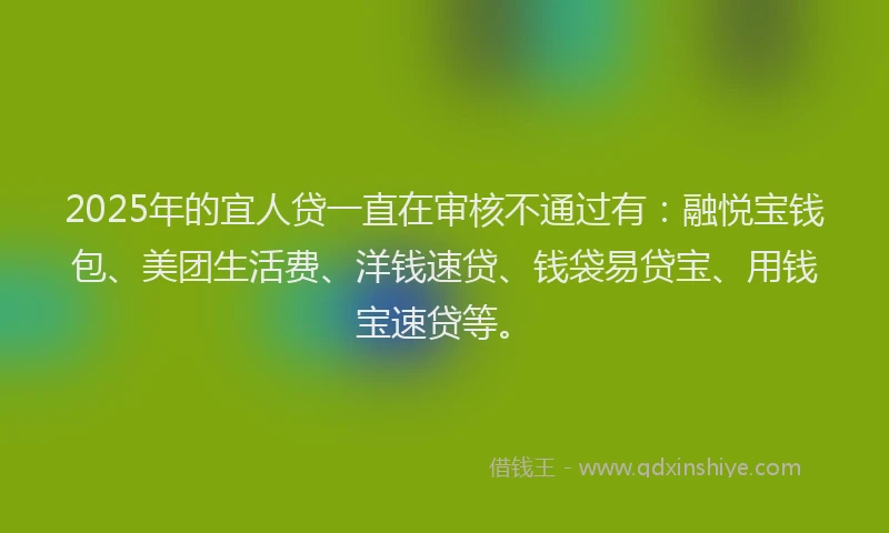 2025年的宜人贷一直在审核不通过有：融悦宝钱包、美团生活费、洋钱速贷、钱袋易贷宝、用钱宝速贷等。