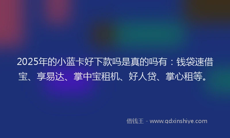 2025年的小蓝卡好下款吗是真的吗有：钱袋速借宝、享易达、掌中宝租机、好人贷、掌心租等。