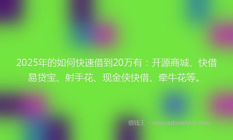2025年的如何快速借到20万有：开源商城、快借易贷宝、射手花、现金侠快借、牵牛花等。
