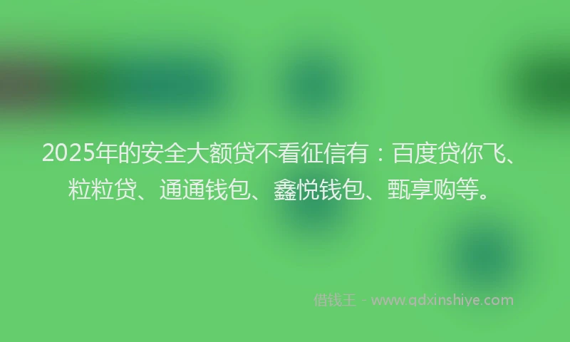 2025年的安全大额贷不看征信有：百度贷你飞、粒粒贷、通通钱包、鑫悦钱包、甄享购等。