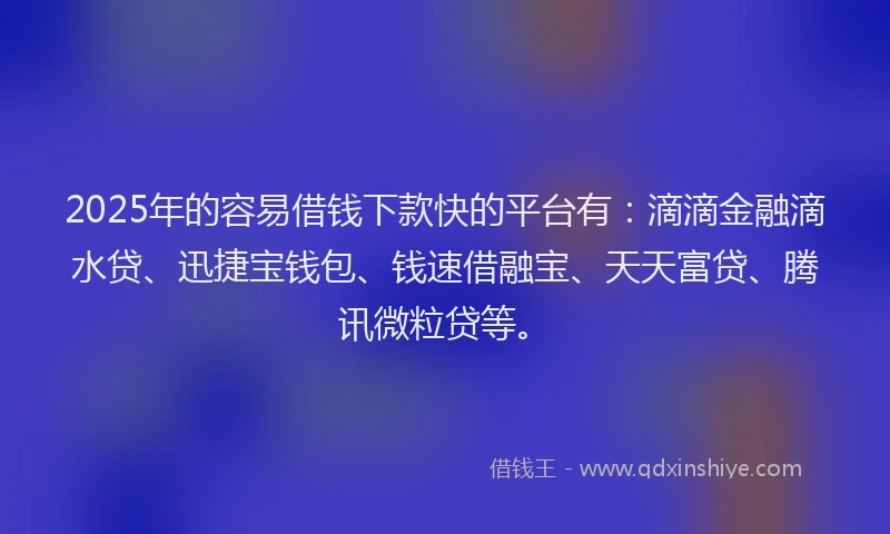 2025年的容易借钱下款快的平台有：滴滴金融滴水贷、迅捷宝钱包、钱速借融宝、天天富贷、腾讯微粒贷等。