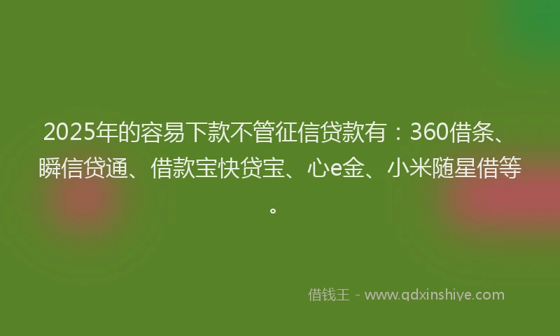 2025年的容易下款不管征信贷款有：360借条、瞬信贷通、借款宝快贷宝、心e金、小米随星借等。