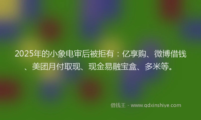 2025年的小象电审后被拒有：亿享购、微博借钱、美团月付取现、现金易融宝盒、多米等。