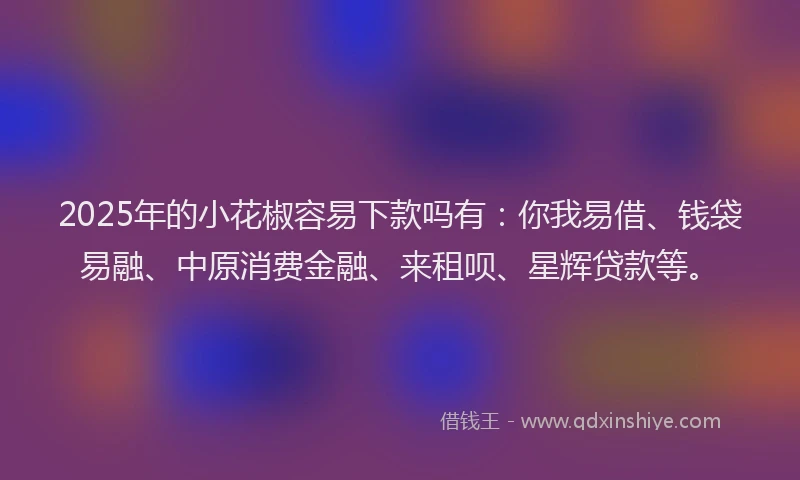 2025年的小花椒容易下款吗有：你我易借、钱袋易融、中原消费金融、来租呗、星辉贷款等。