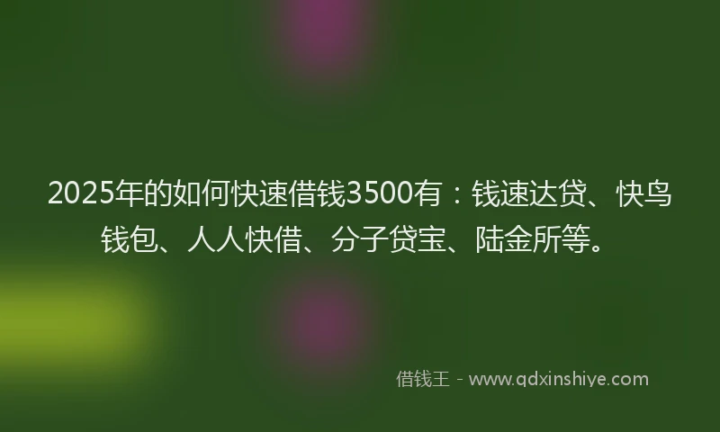 2025年的如何快速借钱3500有：钱速达贷、快鸟钱包、人人快借、分子贷宝、陆金所等。