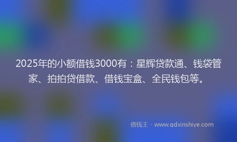 2025年的小额借钱3000有：星辉贷款通、钱袋管家、拍拍贷借款、借钱宝盒、全民钱包等。