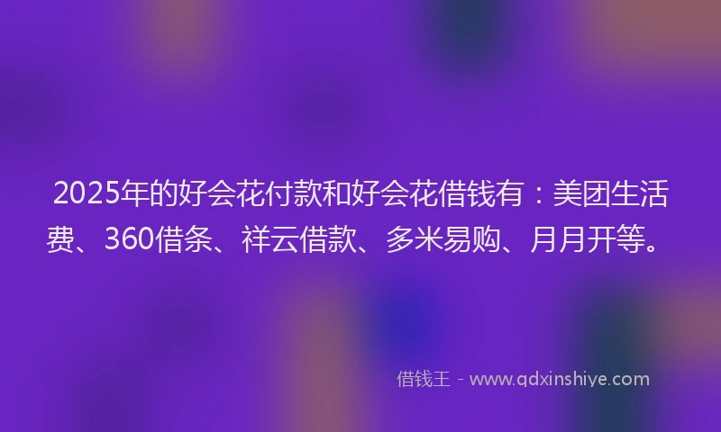 2025年的好会花付款和好会花借钱有：美团生活费、360借条、祥云借款、多米易购、月月开等。