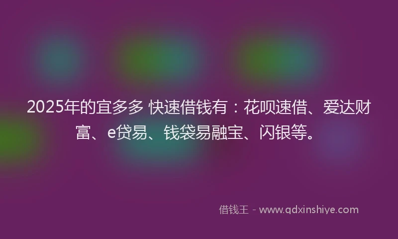 2025年的宜多多 快速借钱有：花呗速借、爱达财富、e贷易、钱袋易融宝、闪银等。