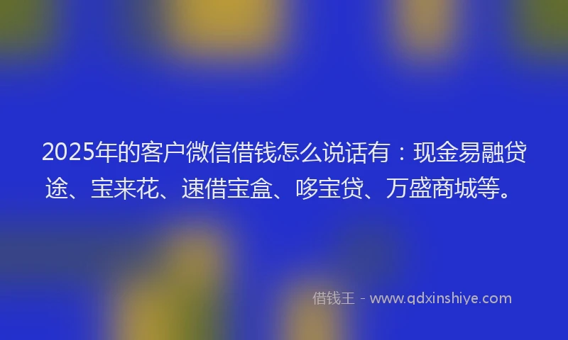 2025年的客户微信借钱怎么说话有：现金易融贷途、宝来花、速借宝盒、哆宝贷、万盛商城等。