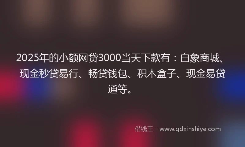 2025年的小额网贷3000当天下款有：白象商城、现金秒贷易行、畅贷钱包、积木盒子、现金易贷通等。
