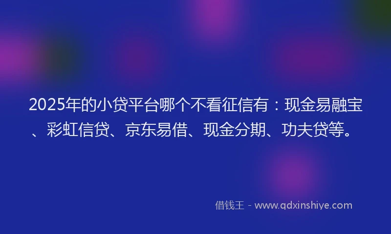 2025年的小贷平台哪个不看征信有：现金易融宝、彩虹信贷、京东易借、现金分期、功夫贷等。