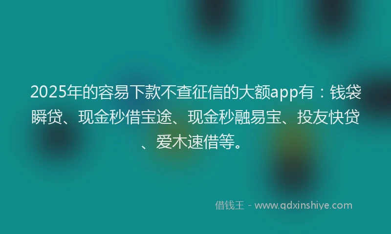 2025年的容易下款不查征信的大额app有：钱袋瞬贷、现金秒借宝途、现金秒融易宝、投友快贷、爱木速借等。