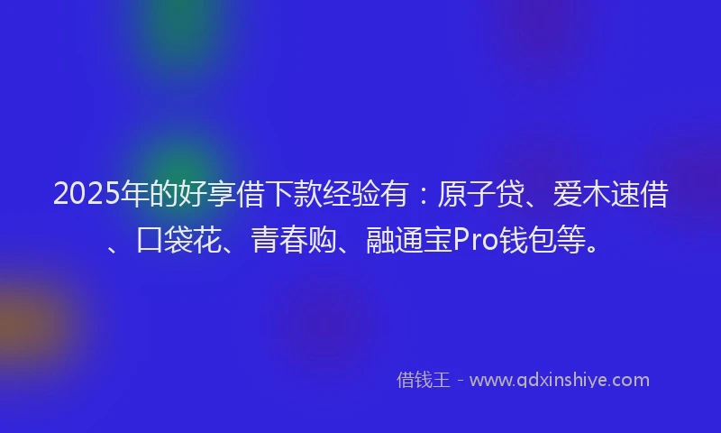 2025年的好享借下款经验有：原子贷、爱木速借、口袋花、青春购、融通宝Pro钱包等。