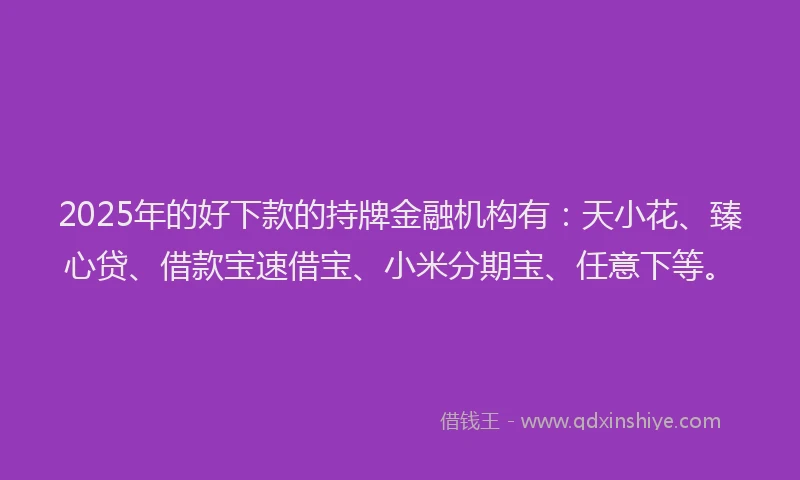 2025年的好下款的持牌金融机构有：天小花、臻心贷、借款宝速借宝、小米分期宝、任意下等。