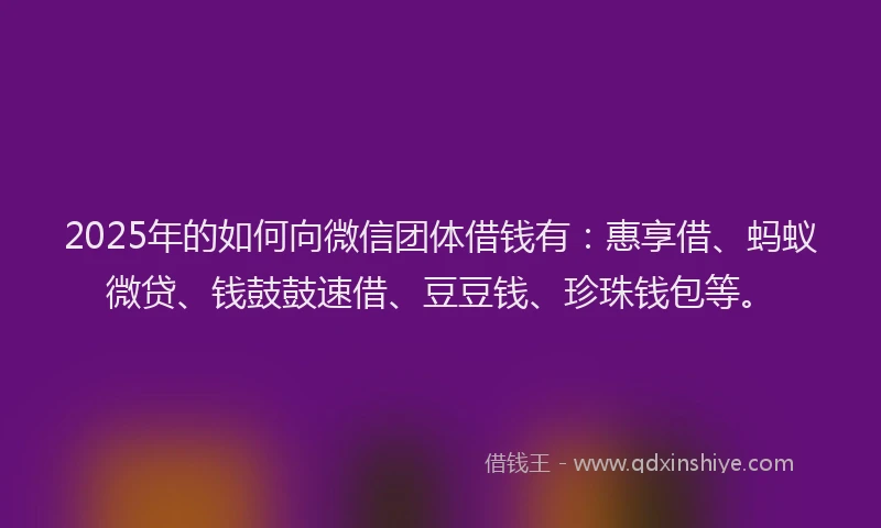 2025年的如何向微信团体借钱有：惠享借、蚂蚁微贷、钱鼓鼓速借、豆豆钱、珍珠钱包等。