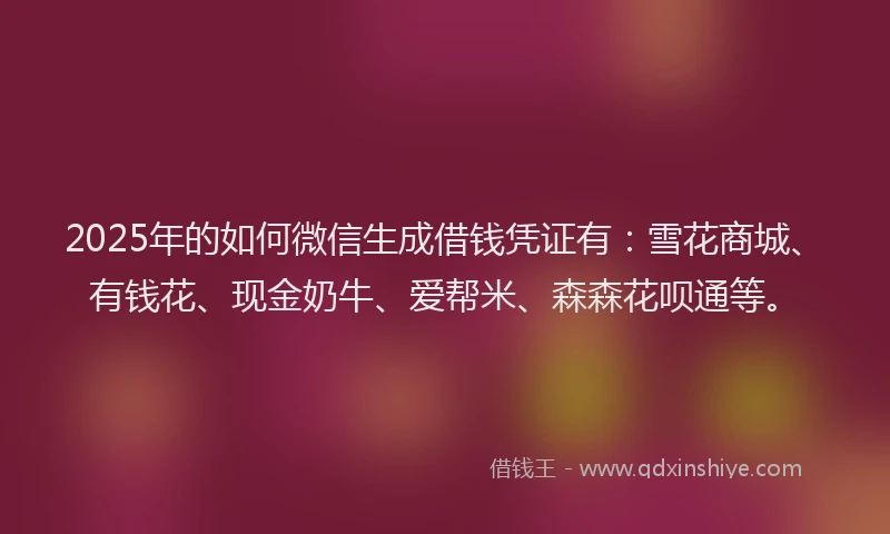 2025年的如何微信生成借钱凭证有：雪花商城、有钱花、现金奶牛、爱帮米、森森花呗通等。