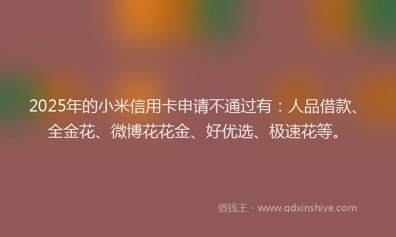 2025年的小米信用卡申请不通过有：人品借款、全金花、微博花花金、好优选、极速花等。