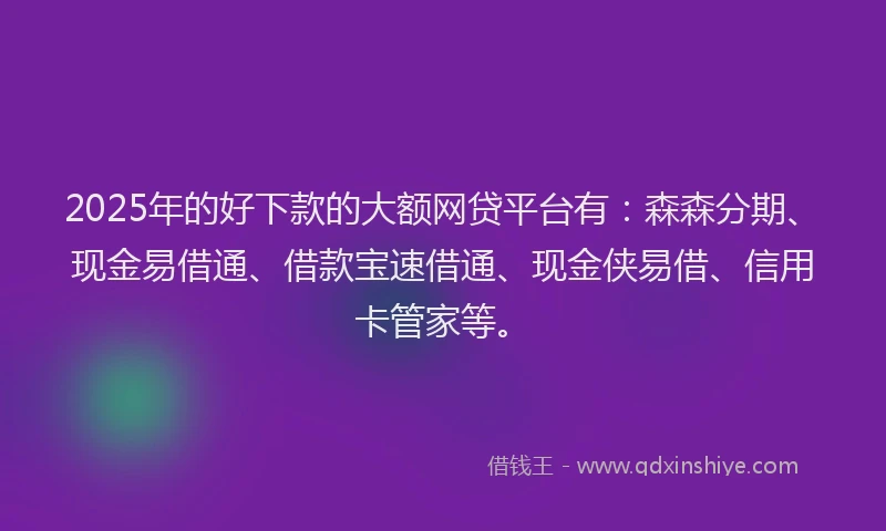 2025年的好下款的大额网贷平台有：森森分期、现金易借通、借款宝速借通、现金侠易借、信用卡管家等。