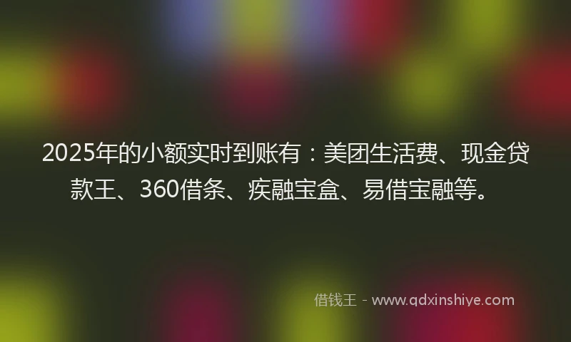 2025年的小额实时到账有：美团生活费、现金贷款王、360借条、疾融宝盒、易借宝融等。