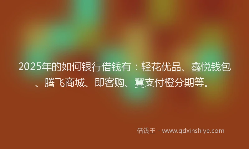 2025年的如何银行借钱有：轻花优品、鑫悦钱包、腾飞商城、即客购、翼支付橙分期等。