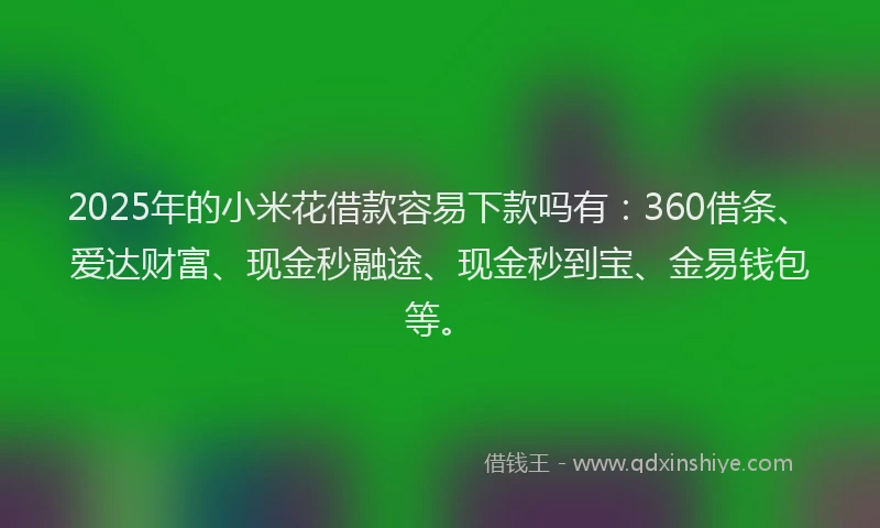 2025年的小米花借款容易下款吗有：360借条、爱达财富、现金秒融途、现金秒到宝、金易钱包等。