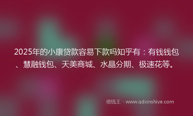 2025年的小康贷款容易下款吗知乎有：有钱钱包、慧融钱包、天美商城、水晶分期、极速花等。