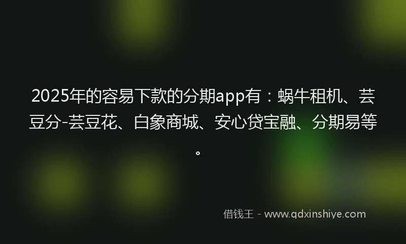 2025年的容易下款的分期app有：蜗牛租机、芸豆分-芸豆花、白象商城、安心贷宝融、分期易等。