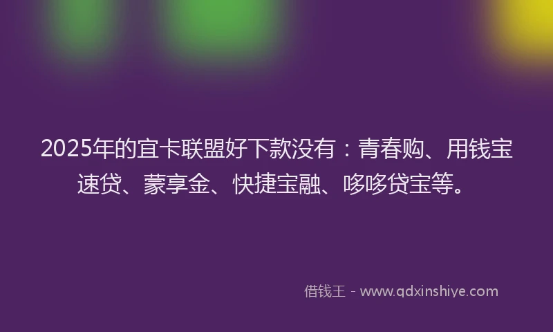 2025年的宜卡联盟好下款没有:青春购、用钱宝速贷、蒙享金、快捷宝融、哆哆贷宝等。