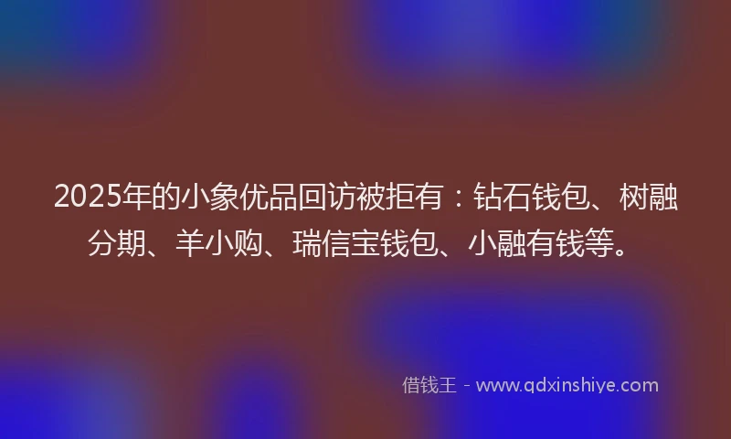 2025年的小象优品回访被拒有：钻石钱包、树融分期、羊小购、瑞信宝钱包、小融有钱等。