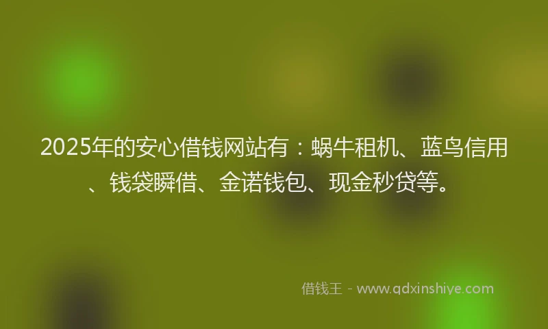 2025年的安心借钱网站有：蜗牛租机、蓝鸟信用、钱袋瞬借、金诺钱包、现金秒贷等。