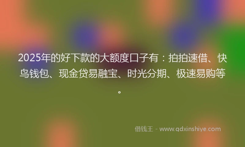 2025年的好下款的大额度口子有：拍拍速借、快鸟钱包、现金贷易融宝、时光分期、极速易购等。
