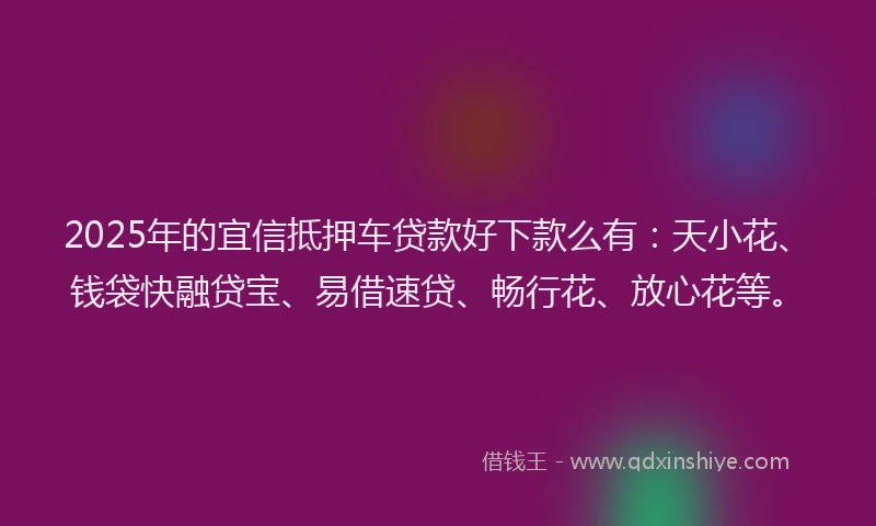 2025年的宜信抵押车贷款好下款么有：天小花、钱袋快融贷宝、易借速贷、畅行花、放心花等。
